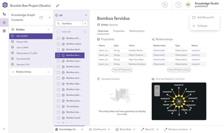 With the words “Bumble Bee Project” in the upper-left-hand corner, a screenshot shows three columns of text lists. The right-hand column includes two images entitled “Geospatial location” and “Link Chart.”