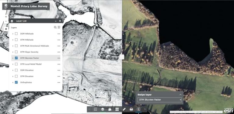 A swipe screen showing lidar imagery on the left and an aerial photo of land and a lake on the right