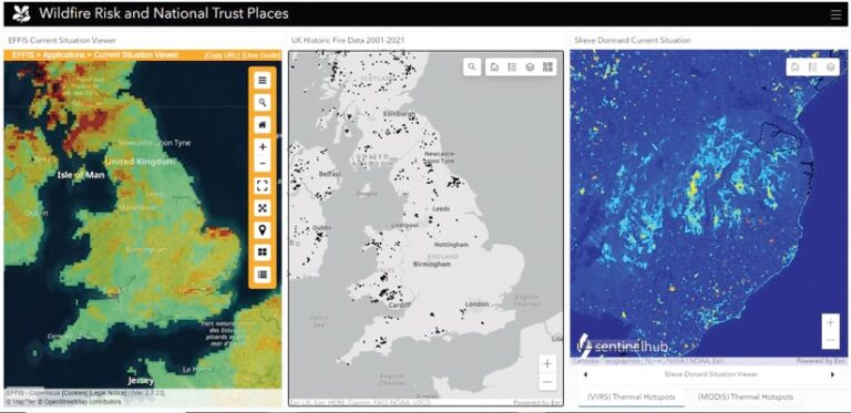 Three wildfire maps lined up next to each other, with the one on the left showing current wildfires throughout the United Kingdom, the one in the middle showing historic fires from 2001-2021, and the one on the right showing a closer-up view of an active fire