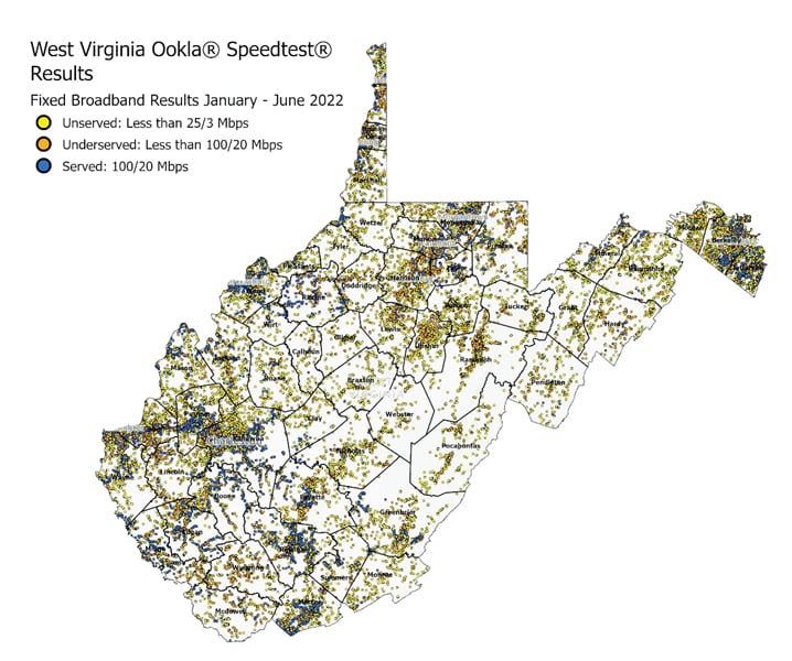 A map of West Virginia that shows Ookla Speedtest results as little dots