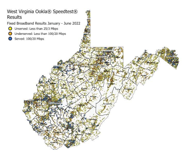 A map of West Virginia that shows Ookla Speedtest results as little dots A map of West Virginia that shows Ookla Speedtest results as little dots