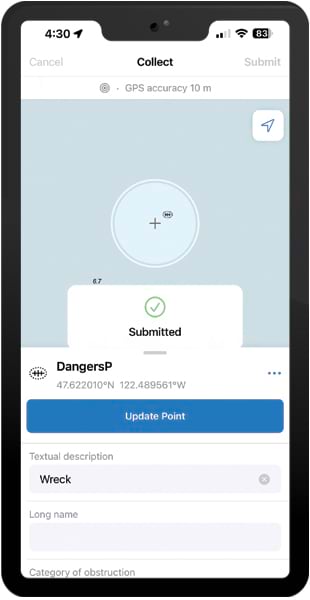 A smartphone screen showing a new shipwreck being recorded in ArcGIS Field Maps