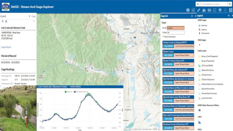 The Stream and Gage Explorer (StAGE) app, showing a map and photograph of a river, plus data on its streamflow and when the flow was recorded