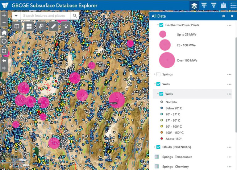 A map entitled “GBCGE Subsurface Database Explorer” shows geothermal power plants, wells, and other features, indicated by shaded circles of varying colors.