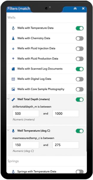 A smartphone screen shows a list of well characteristics such as data types available, depth, and temperature.