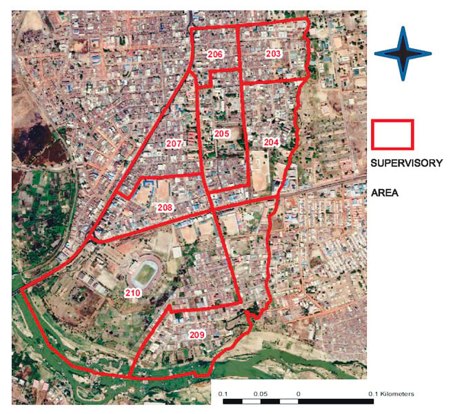 A mostly tan map shows several groups of buildings and surrounding areas, each outlined in red.