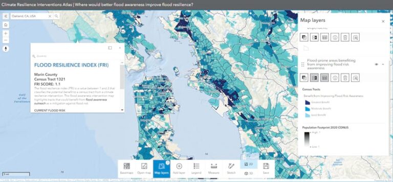 A map of the San Francisco Bay area that categorizes flood areas in various shades of blue, has a pop-up that explains the Flood Resilience Index in more detail, and has a Map layers menu that users can interact with