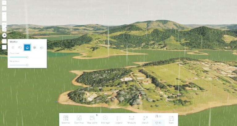 A 3D aerial view of an island and a hilly area that shows rain coming down