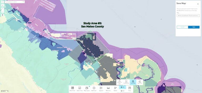 A map of a study area in San Mateo County that shows how a user would save the map using the menu options along the bottom of the screen