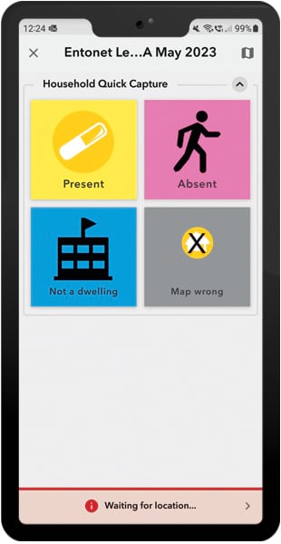 A mobile phone app screen shows four colored squares containing icons and text that reads, “Present,” “Absent,” “Not a dwelling,” and “Map wrong.”