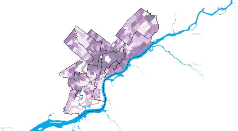 A black-outlined city map shows many sectors of varying shades of purple and grey or white. A thin blue strip meanders below and to the right of the city area.