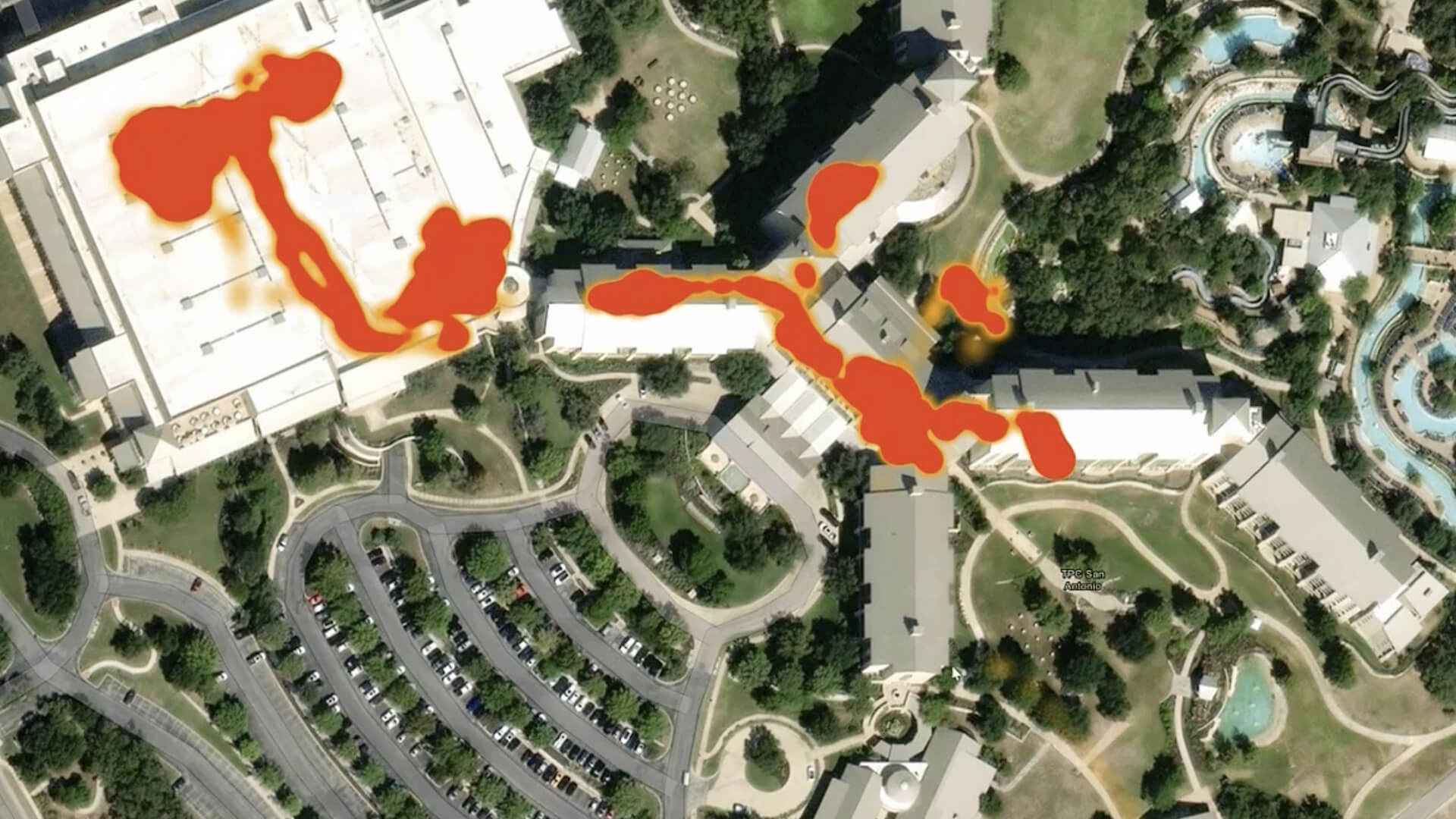 A heat map showing a hypothetical executive\'s movement through a venue, as monitored by a GSOC