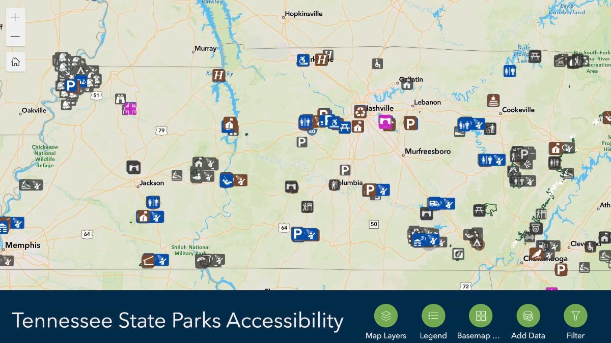 Icons on the map indicate accessible amenities at Tennessee State Parks