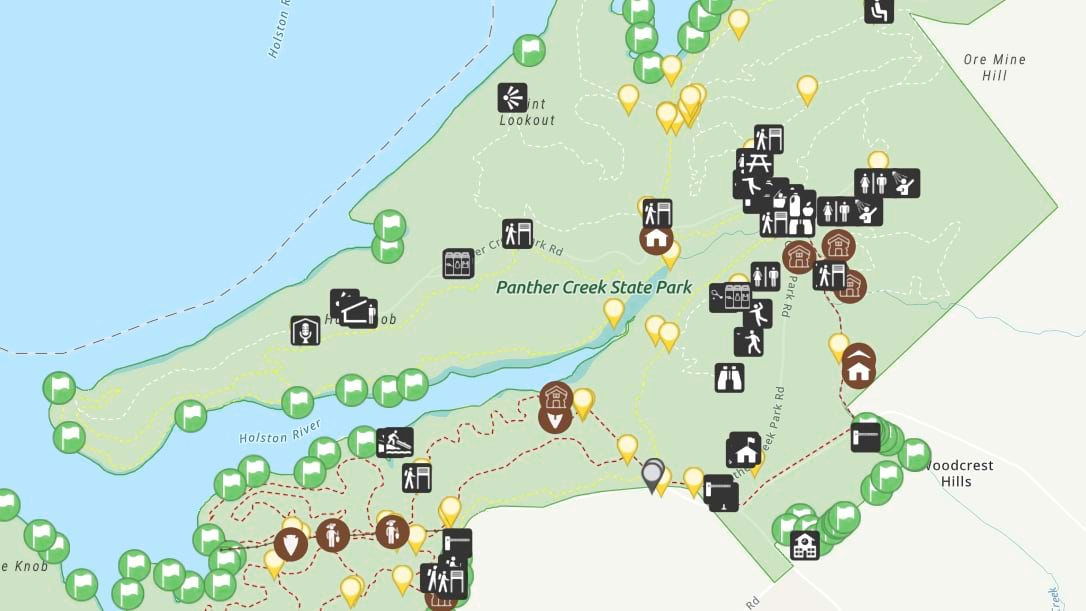 Icons on the map show all the amenities at Panther Creek State Park