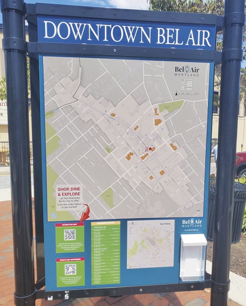 A kiosk map entitled Downtown Bel Air shows a downtown map with QR codes.