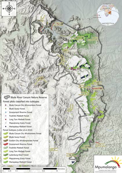 A map of the Blyde River Canyon Nature Reserve shows different forest types.