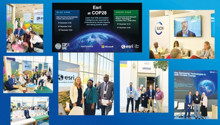 A collage of seven photographs and a text box show people at a conference and a brief description of Esri’s presence at COP28.