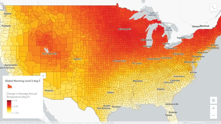 A map of the conterminous United States shows warming levels as indicated by a range of colors from light yellow to orange.
