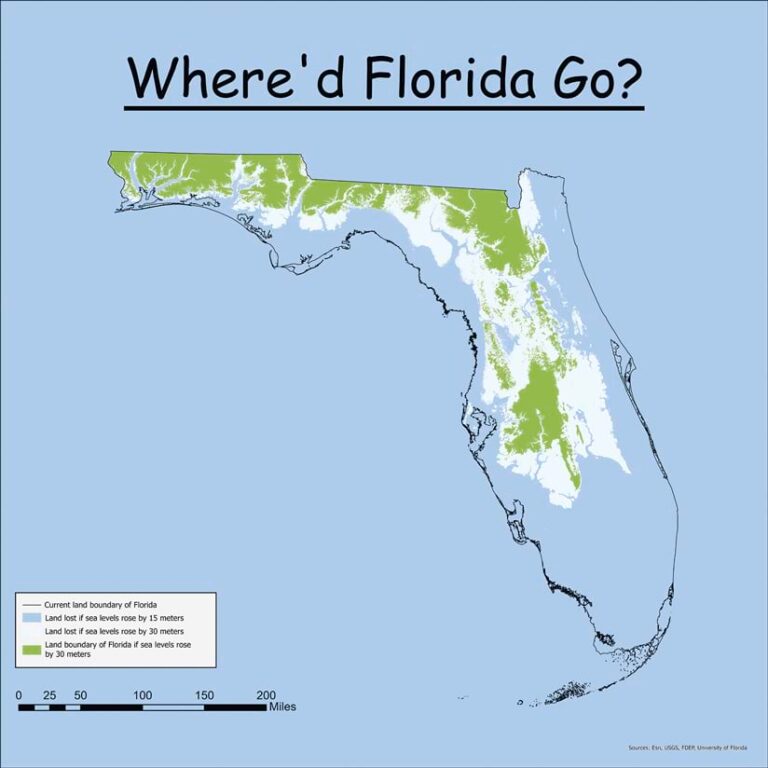 A map of Florida shows the state’s current boundaries containing blue, white, and green areas that are labeled to show land lost or remaining if sea levels rise 15 or 30 meters.