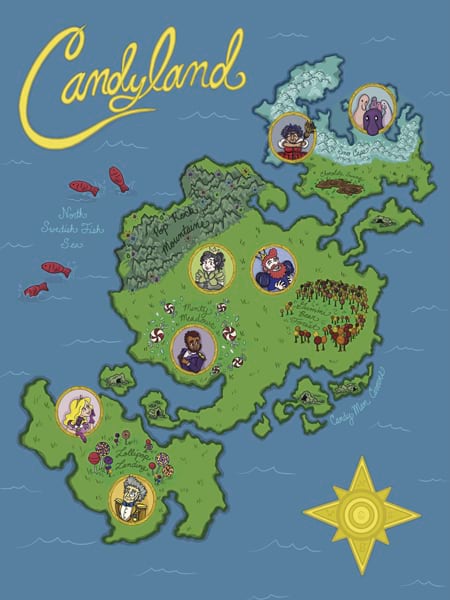 A map entitled Candyland shows a group of green islands surrounded by water.