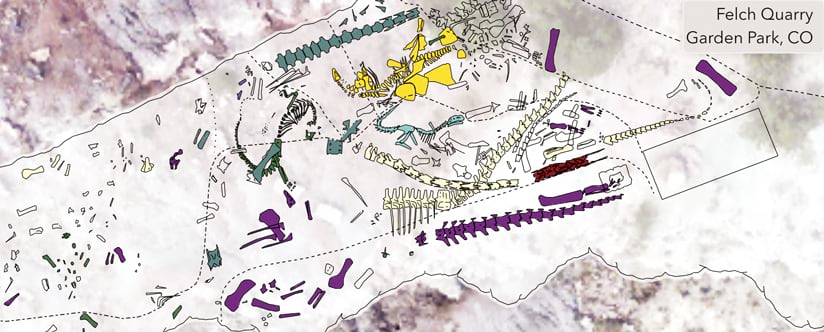 A map showing dinosaur bones in Felch Quarry.