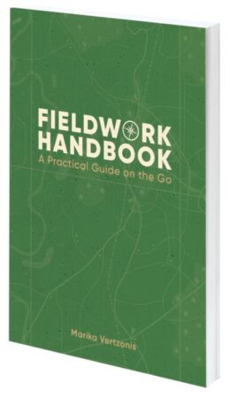 A green book cover reads Fieldwork Handbook: A Practical Guide on the Go