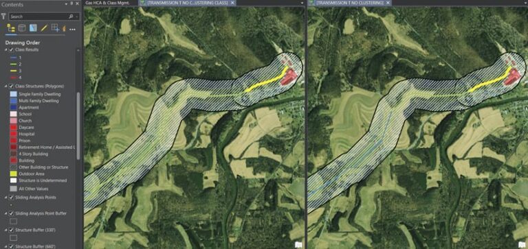 Side-by-side maps of a pipeline route in the same location show a change in results, indicated by a color change from green (left) to blue (right).