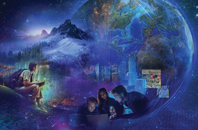 In the foreground, a seated individual writes in a notebook while looking off in the distance. In a separate foreground image, four people look at a laptop. Background images include a snowy and forested mountain, stars, a city skyline, a map, and the planet Earth.