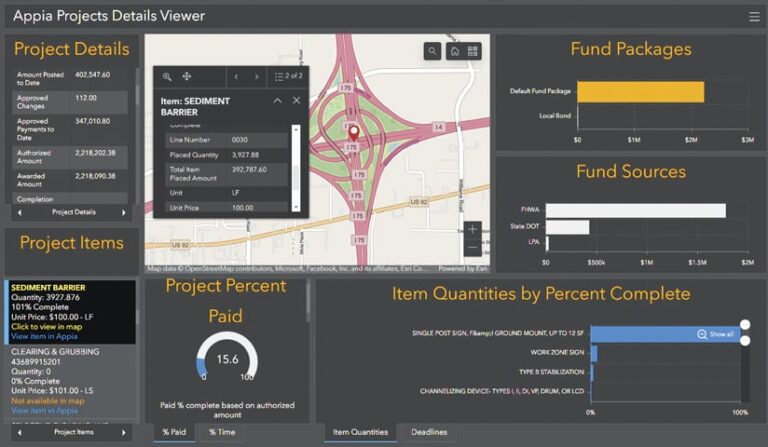 A dashboard entitled Appia Projects Details Viewer shows project details such as a sediment barrier map, fund packages, and item quantities by percent complete. A dashboard entitled Appia Projects Details Viewer shows project details such as a sediment barrier map, fund packages, and item quantities by percent complete.