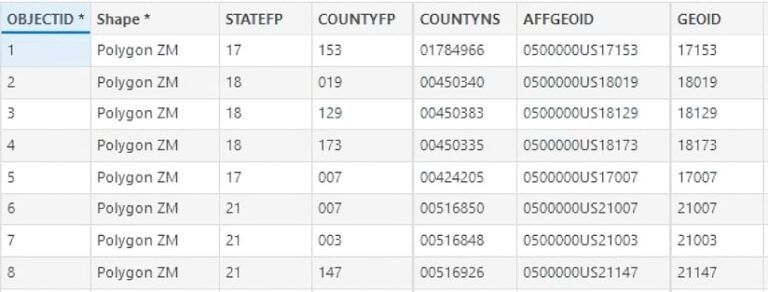 A table shows eight objectID numbers followed by six columns for topics such as for shape and GeoID.