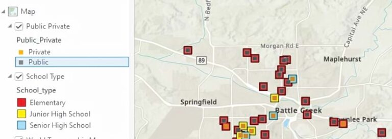 A map shows various school types across several communities.