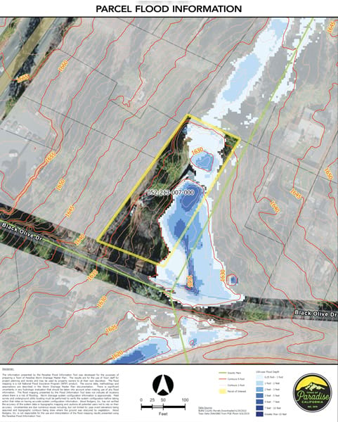 A map entitled Parcel Flood Information shows landscape contours, flood depth, and more.