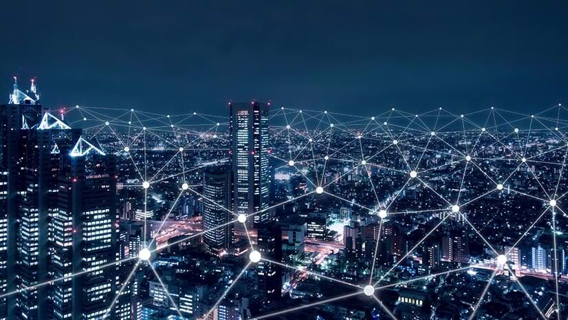 Generative AI, or GenAI, is connecting people across enterprises, symbolized by this connected cityscape.