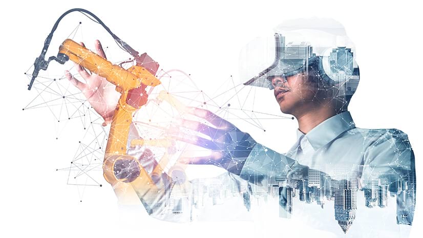 An artist\'s rendering of the industrial metaverse, with a worker in VR goggles reaching for a manufacturing tool