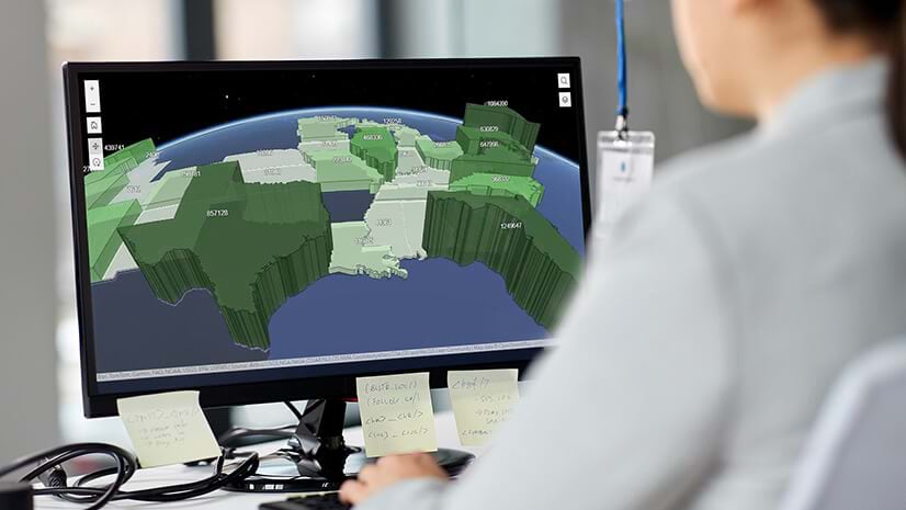 A map on a computer screen illustrates this article about GIS skills at Molson Coors and Extra Space Storage