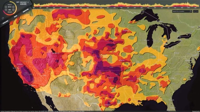 Map of the contiguous United States depicting drought conditions the week of October 25, 2022. Shades of yellow, orange, and red represent areas of abnormally dry to exceptional drought conditions, respectively. Map of the contiguous United States depicting drought conditions the week of October 25, 2022. Shades of yellow, orange, and red represent areas of abnormally dry to exceptional drought conditions, respectively.