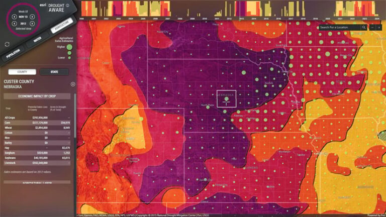 A map of Nebraska and surrounding states showing the economic impact of drought on crops. The map is color coded from yellow (low impact) to dark red (high impact). A map of Nebraska and surrounding states showing the economic impact of drought on crops. The map is color coded from yellow (low impact) to dark red (high impact).