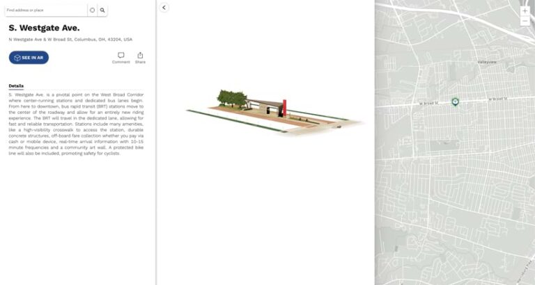 A 3D rendering of a modern bus rapid transit station next to a map of where the station will be. The station features a sleek shelter with a red accent wall, benches, and a raised crosswalk. Trees and landscaping surround the station. An information pane describes the project. A 3D rendering of a modern bus rapid transit station next to a map of where the station will be. The station features a sleek shelter with a red accent wall, benches, and a raised crosswalk. Trees and landscaping surround the station. An information pane describes the project.