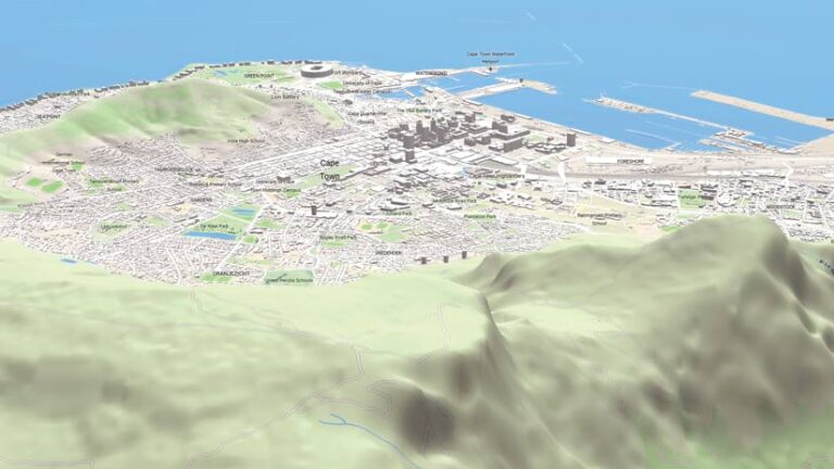 A 3D basemap of Cape Town, South Africa. The city is nestled between rolling green hills and the expansive blue ocean. Landmarks and neighborhoods are labeled. A 3D basemap of Cape Town, South Africa. The city is nestled between rolling green hills and the expansive blue ocean. Landmarks and neighborhoods are labeled.