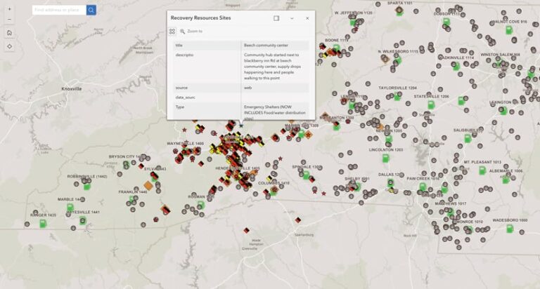 A map of Western North Carolina dotted with icons indicating: emergency shelters, food/water distribution sites, and community support hubs. A map of Western North Carolina dotted with icons indicating: emergency shelters, food/water distribution sites, and community support hubs.