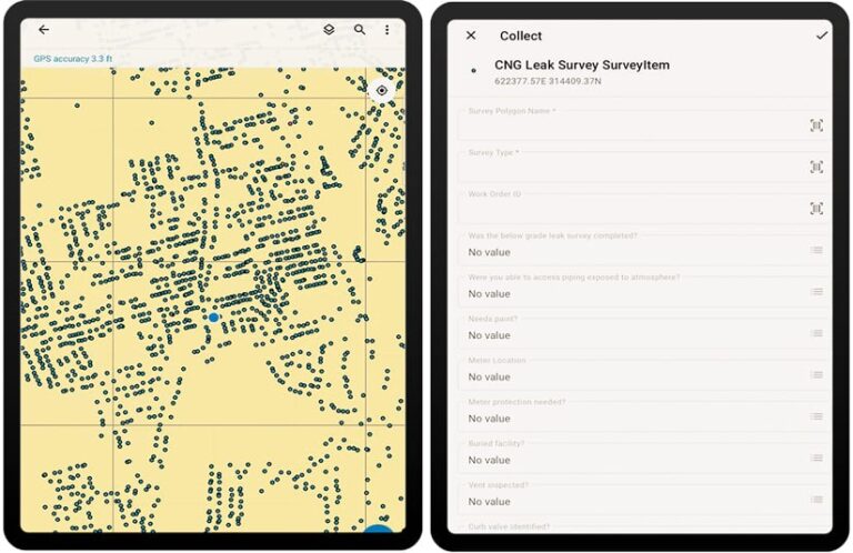 Two screenshots of a mobile app for conducting gas leak surveys. The left screen shows a map with the surveyed area marked in blue. The right screen shows a form for recording survey details with most fields marked "No value." Two screenshots of a mobile app for conducting gas leak surveys. The left screen shows a map with the surveyed area marked in blue. The right screen shows a form for recording survey details with most fields marked "No value."