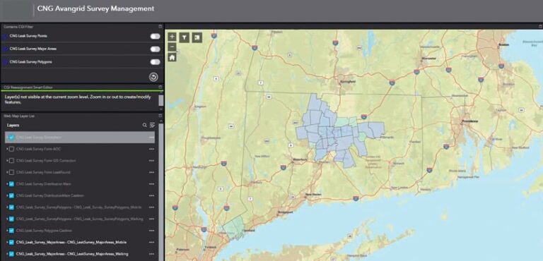 Screenshot of a GIS software displaying a map of Connecticut with blue shaded polygons highlighting gas leak survey areas. A list on the left shows the different data layers available. Screenshot of a GIS software displaying a map of Connecticut with blue shaded polygons highlighting gas leak survey areas. A list on the left shows the different data layers available.