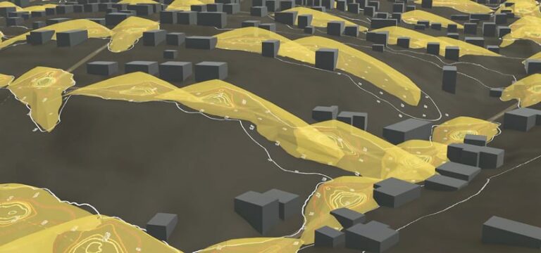 3D model of a hilly, urban landscape. Yellow contours overlaid on the hills indicate where overhead streetlights provide light. 3D model of a hilly, urban landscape. Yellow contours overlaid on the hills indicate where overhead streetlights provide light.