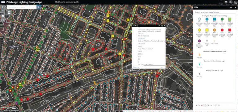 Screenshot of the Pittsburgh Lighting Design App, displaying a map of city streets with colored dots and squares indicating different types of streetlights. Screenshot of the Pittsburgh Lighting Design App, displaying a map of city streets with colored dots and squares indicating different types of streetlights.