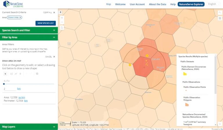 A screenshot of the NatureServe Explorer Pro web app. The map shows a hexagonal grid with a circular buffer area drawn over a section of the map. Various data layers can be toggled on and off. A screenshot of the NatureServe Explorer Pro web app. The map shows a hexagonal grid with a circular buffer area drawn over a section of the map. Various data layers can be toggled on and off.