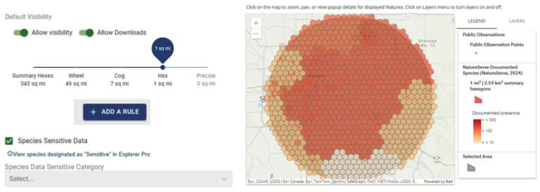 An app interface with a map on the right showing a circular area shaded with hexagons of varying orange shades to represent species density. On the left are controls for adjusting map and data layer settings, including toggles to allow or disallow data visibility and downloads. An app interface with a map on the right showing a circular area shaded with hexagons of varying orange shades to represent species density. On the left are controls for adjusting map and data layer settings, including toggles to allow or disallow data visibility and downloads.
