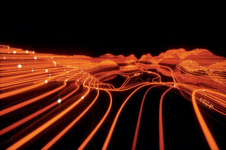 Abstract digital landscape with glowing orange lines forming a topographical map on a black background. The lines pulse with energy, symbolizing data flow or network activity. Abstract digital landscape with glowing orange lines forming a topographical map on a black background. The lines pulse with energy, symbolizing data flow or network activity.