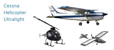 A Cessna airplane (top), a helicopter (bottom left), and an ultralight aircraft (bottom right)