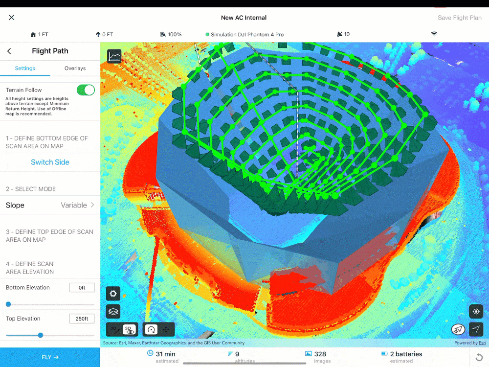 Here is the unique upside down cone flight plan in ArcGIS Flight. The green lines represent where the drone will fly. The lidar can be seen underneath symbolized by elevation with low values in blue and high values in red.