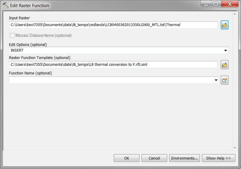 Edit Raster Function Geoprocessing Tool interface